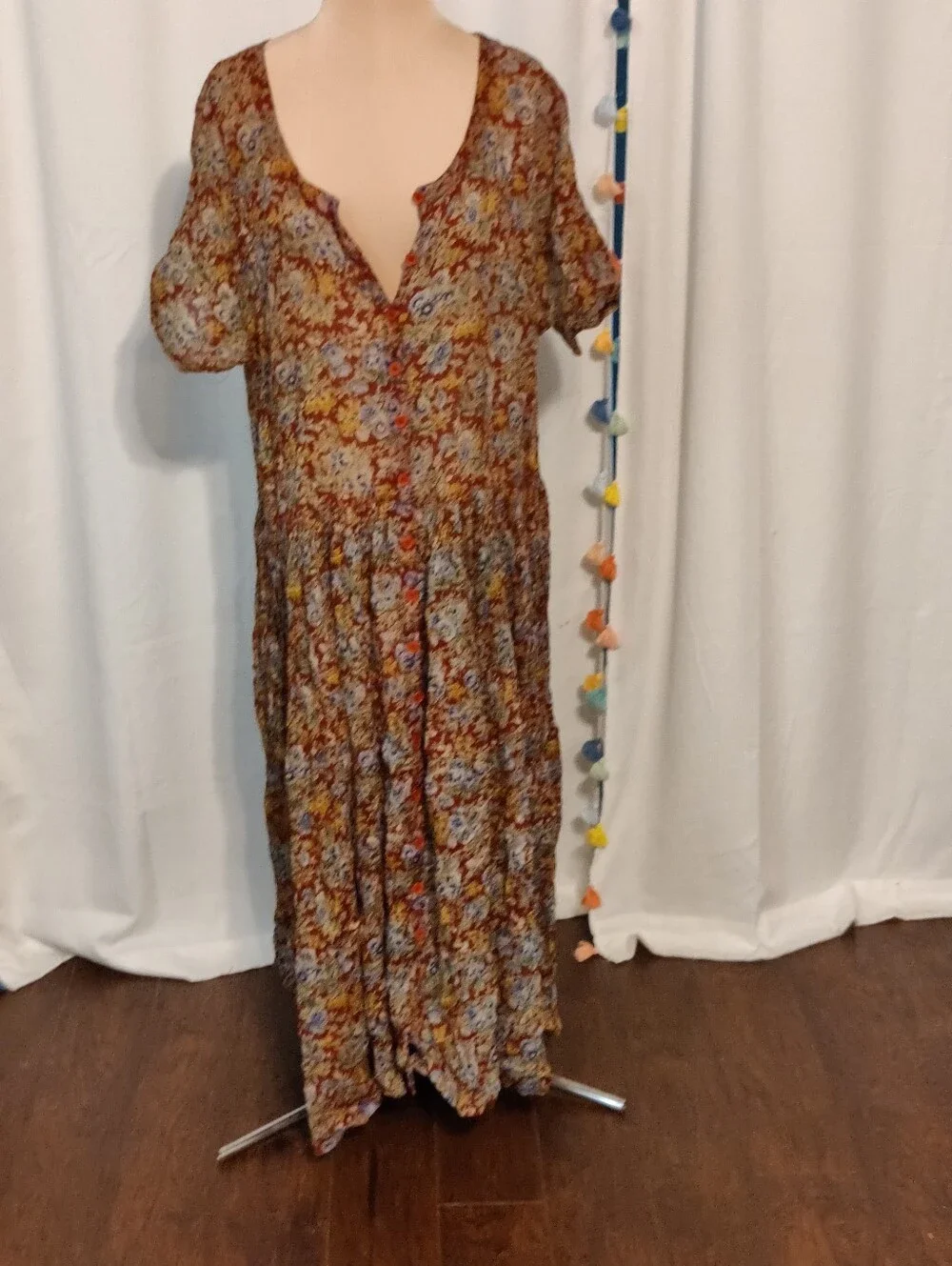 Vintage India Gauze Floral Paperthin Colorblock Maxi Dress Layering Piece LG_7